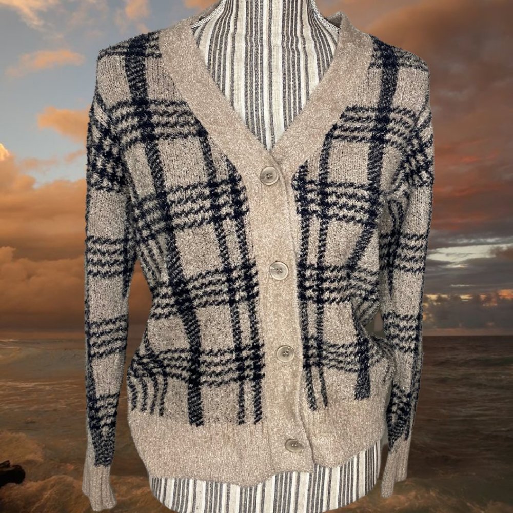 NWOT Joie Size XS Tan Black Cardigan Preppy Old Money Stylish Longsleeve